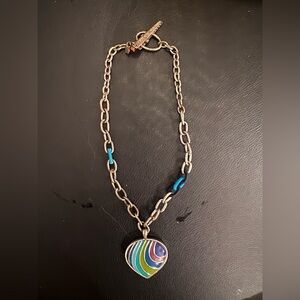 Lucky Brand Boho Chunky Silver Tone Necklace Enameled Heart Pendant 2000-2010